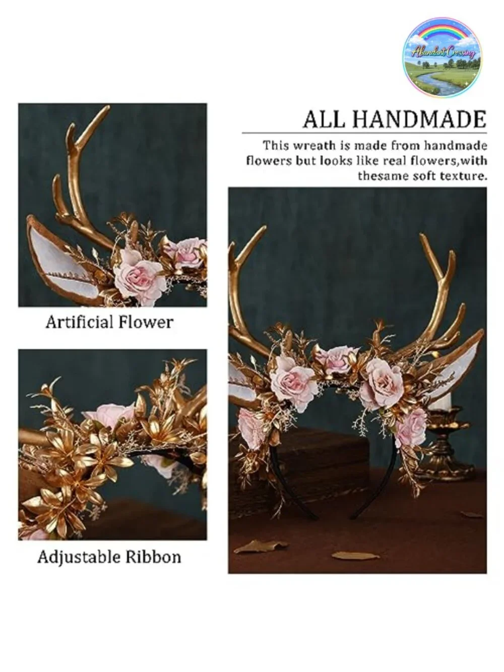 Handmade Gold Flower Antler Headband - Woodland Floral Reindeer Headpiece with